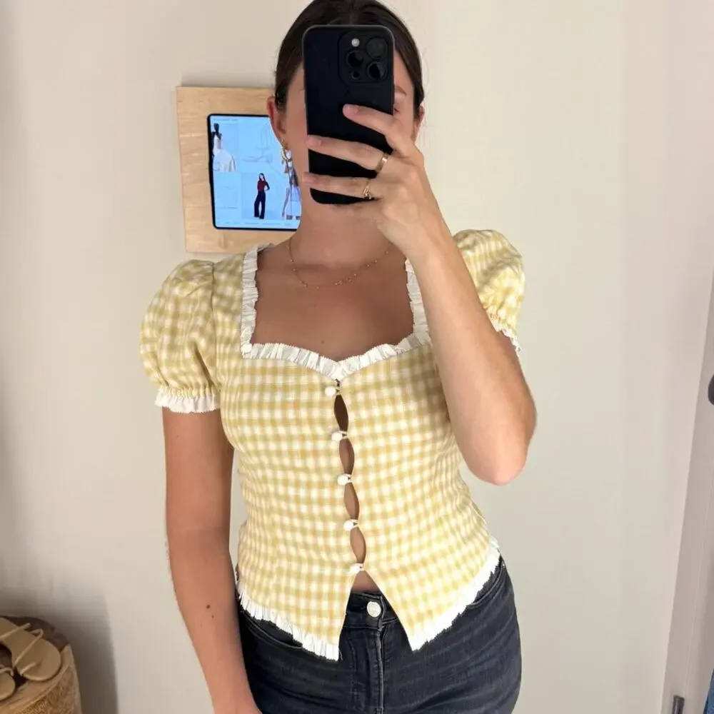 REFORMATION Rosemary Linen Top in Sunshine Check Size 6